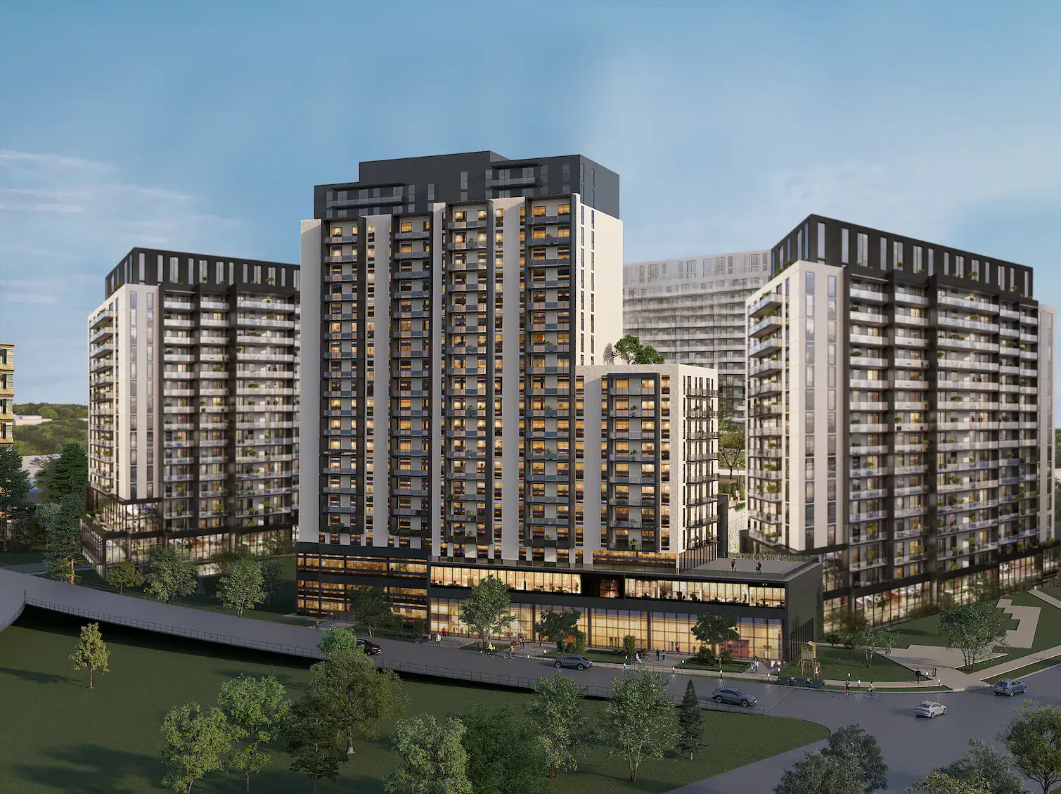 Grand Bell development in Brantford at dusk