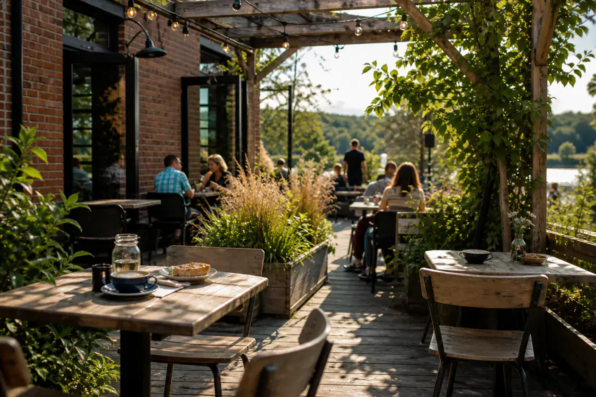 A warm neighbourhood café patio