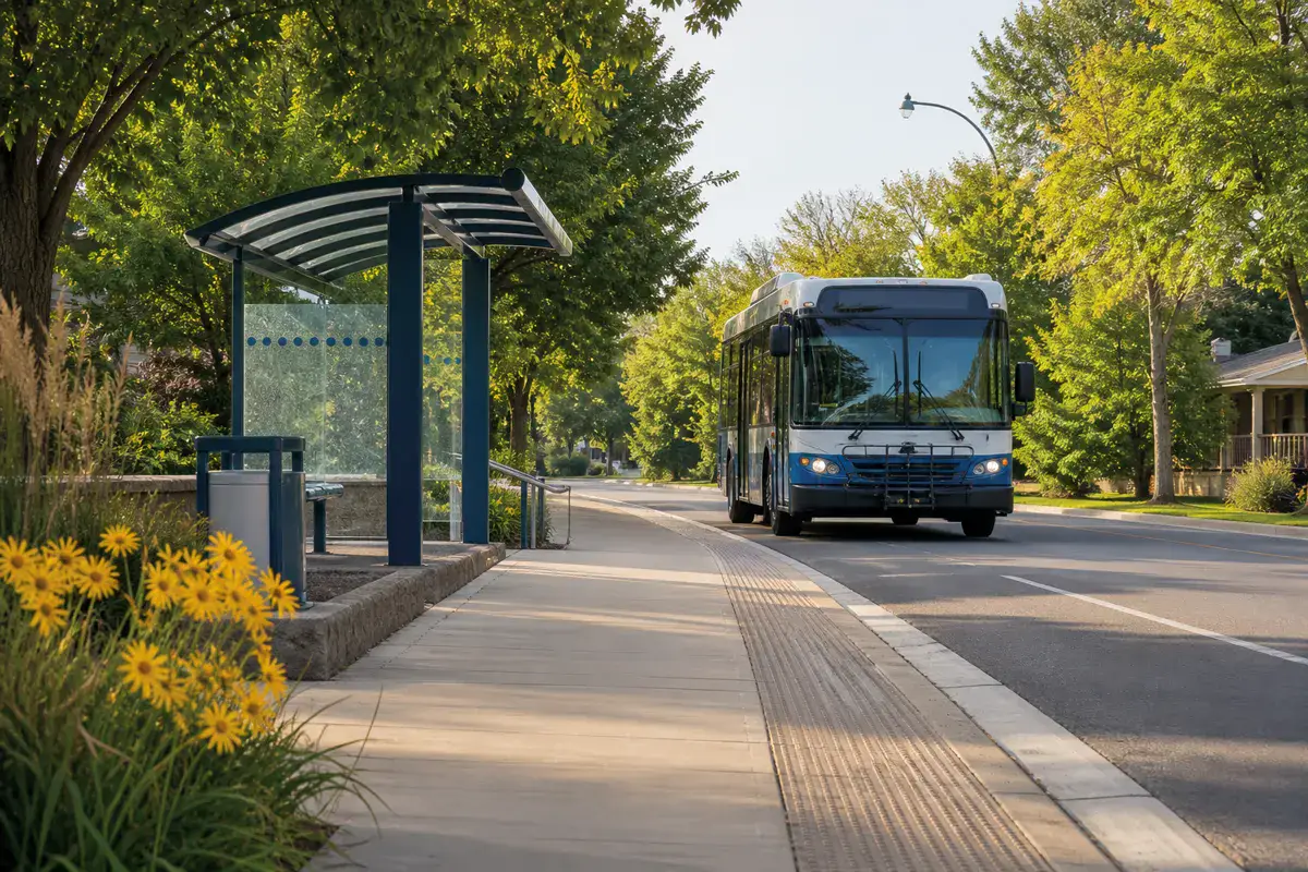 An accessible bus stop in a leafy Ontario neighbourhood