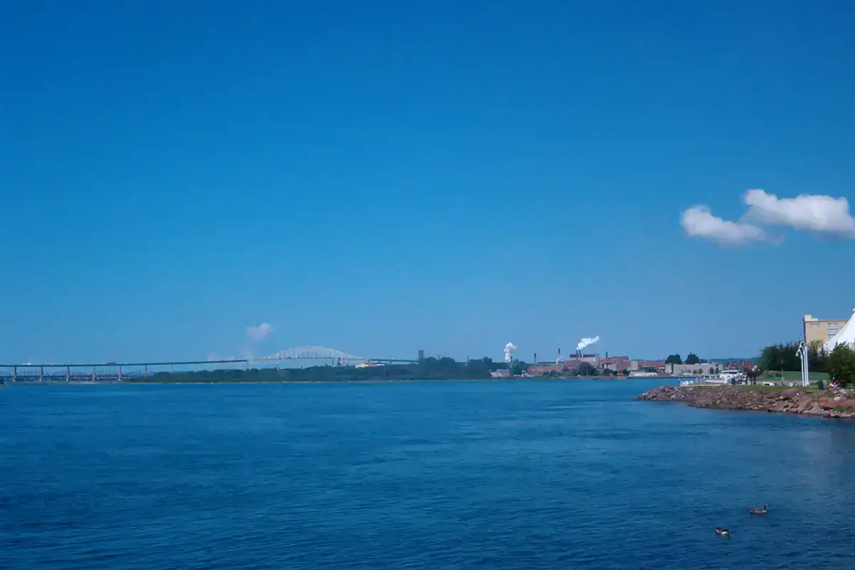 The St. Marys River and Sault Ste Marie waterfront seen from the Civic Centre